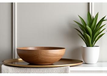 A balanced interior design showcasing wooden decorative elements alongside contrasting materials like polished metal, soft fabrics, and vibrant greenery, creating a harmonious and modern aesthetic.