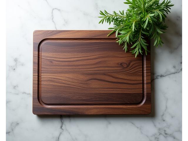 Rich, dark wood cutting board with natural grain resting on a kitchen counter
