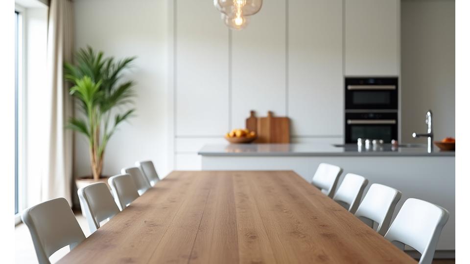Modern dining room with a long wooden dining table and sleek chairs, adjacent to a contemporary kitchen