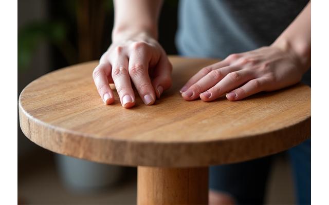A hand applying natural wood wax to a compact wooden coffee table, highlighting the importance of regular maintenance for small space furniture.